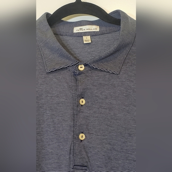 Peter Millar Golf Polo Shirt Pinstriped Navy Blue & White Sz Large 100% Cotton - Picture 7 of 12
